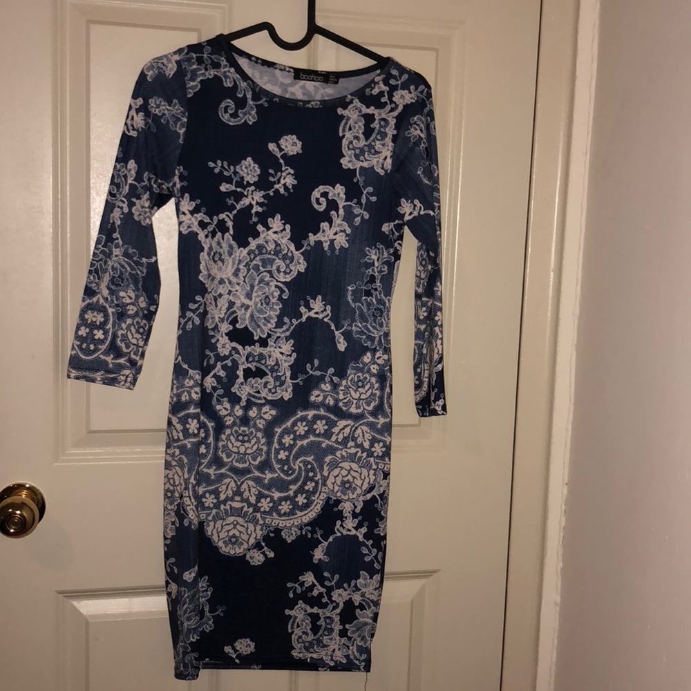 Patterned bodycon  fitted blue long sleeves dress